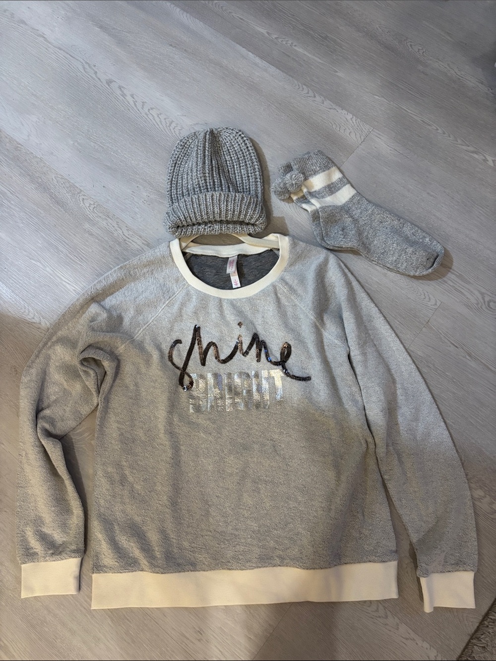 Never worn Gray 'Shine Bright' Crewneck Sweatshirt, beanie and socks